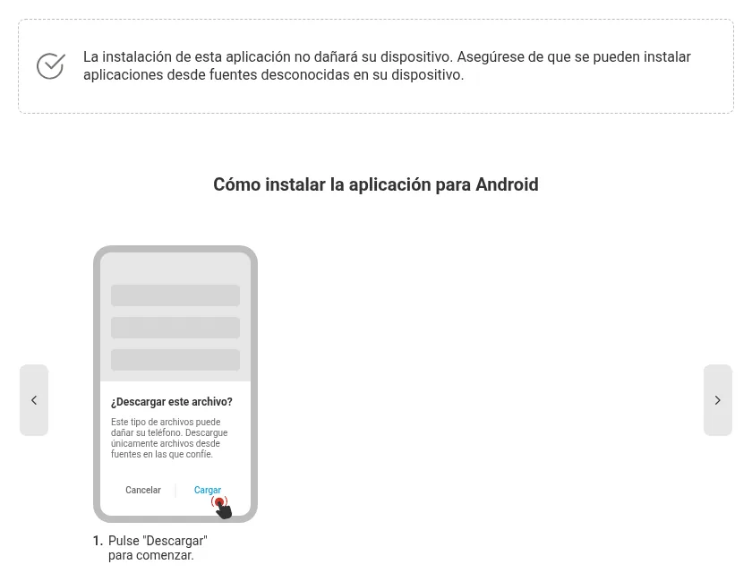 La página de la app de Megapari: aviso sobre fuentes desconocidas y primer paso para instalar el APK en Android