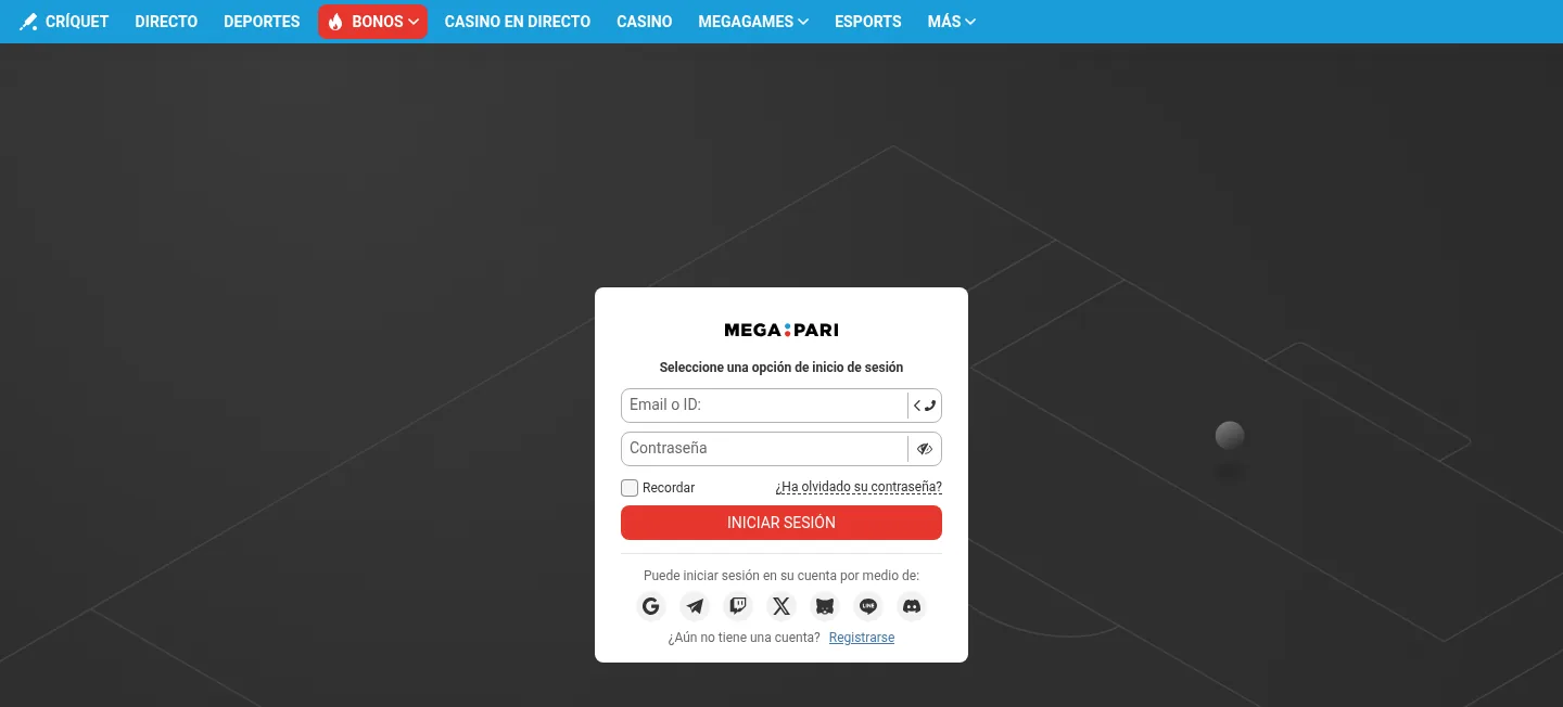 El menú de secciones de Megapari con deportes, directo y eSports, y la ventana para iniciar sesión